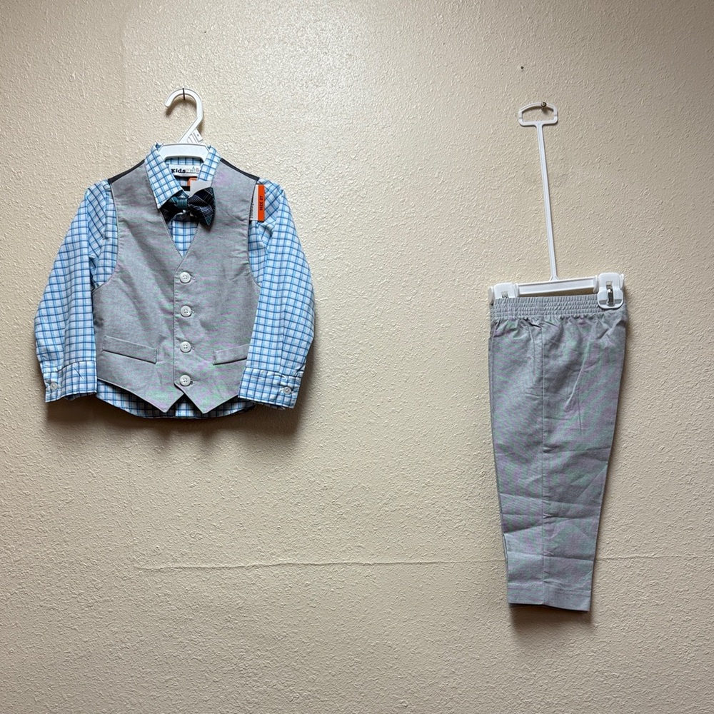 Kids Headquarters 4 Piece Suit Gray pants Blue shirt, gray vest Boys Size 2T